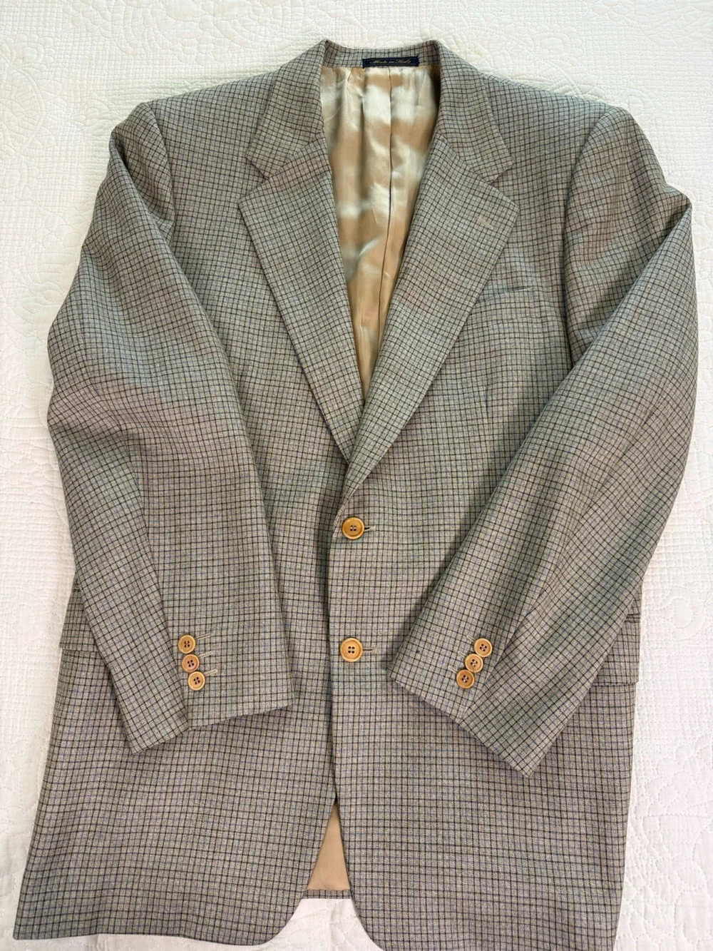 Preppy Trussini 42R Made in Italy Silk Blend Beige Blue Plaid Blazer Y2K Sport